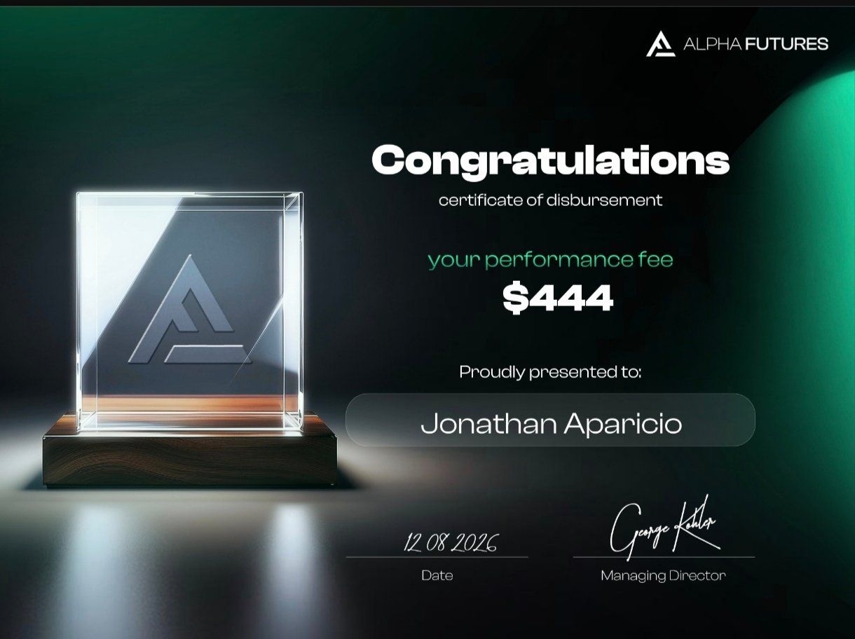 Certificado de payout de Jonathan, Alpha Futures, 444 dólares