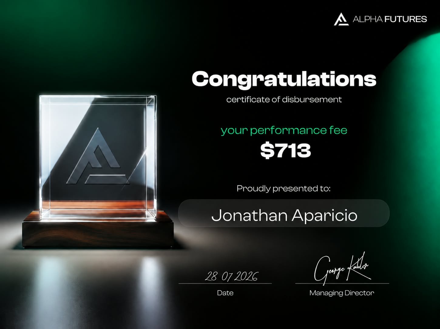 Certificado de payout de Jonathan, Alpha Futures, 713 dólares