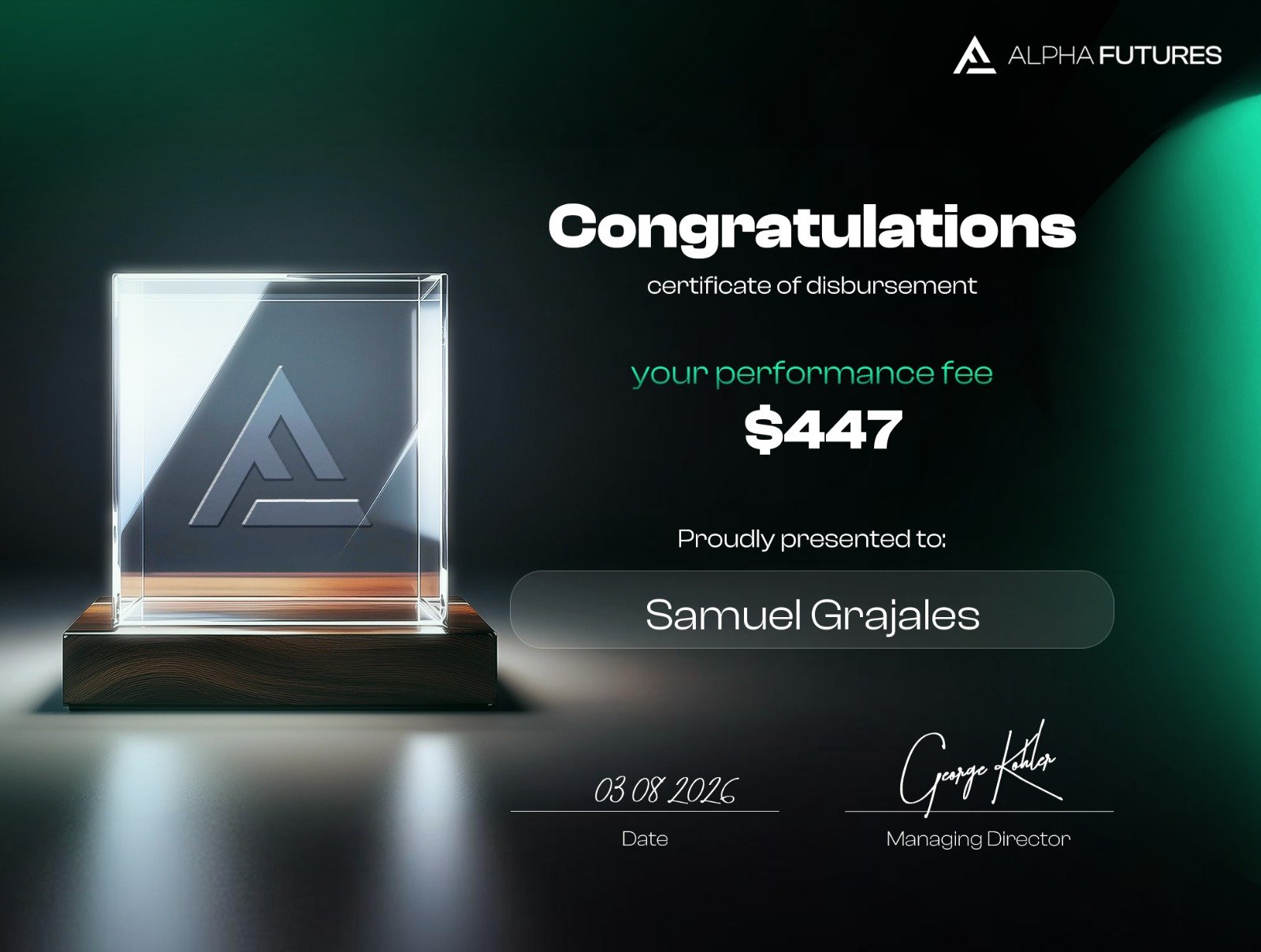 Certificado de payout de Samuel, Alpha Futures, 447 dólares