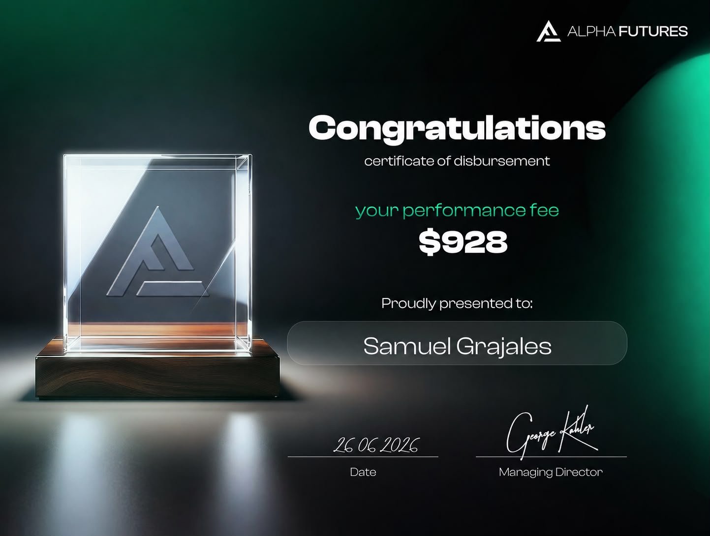 Certificado de disbursement de Samuel Grajales, Alpha Futures, 928 dólares, 26 de junio de 2026
