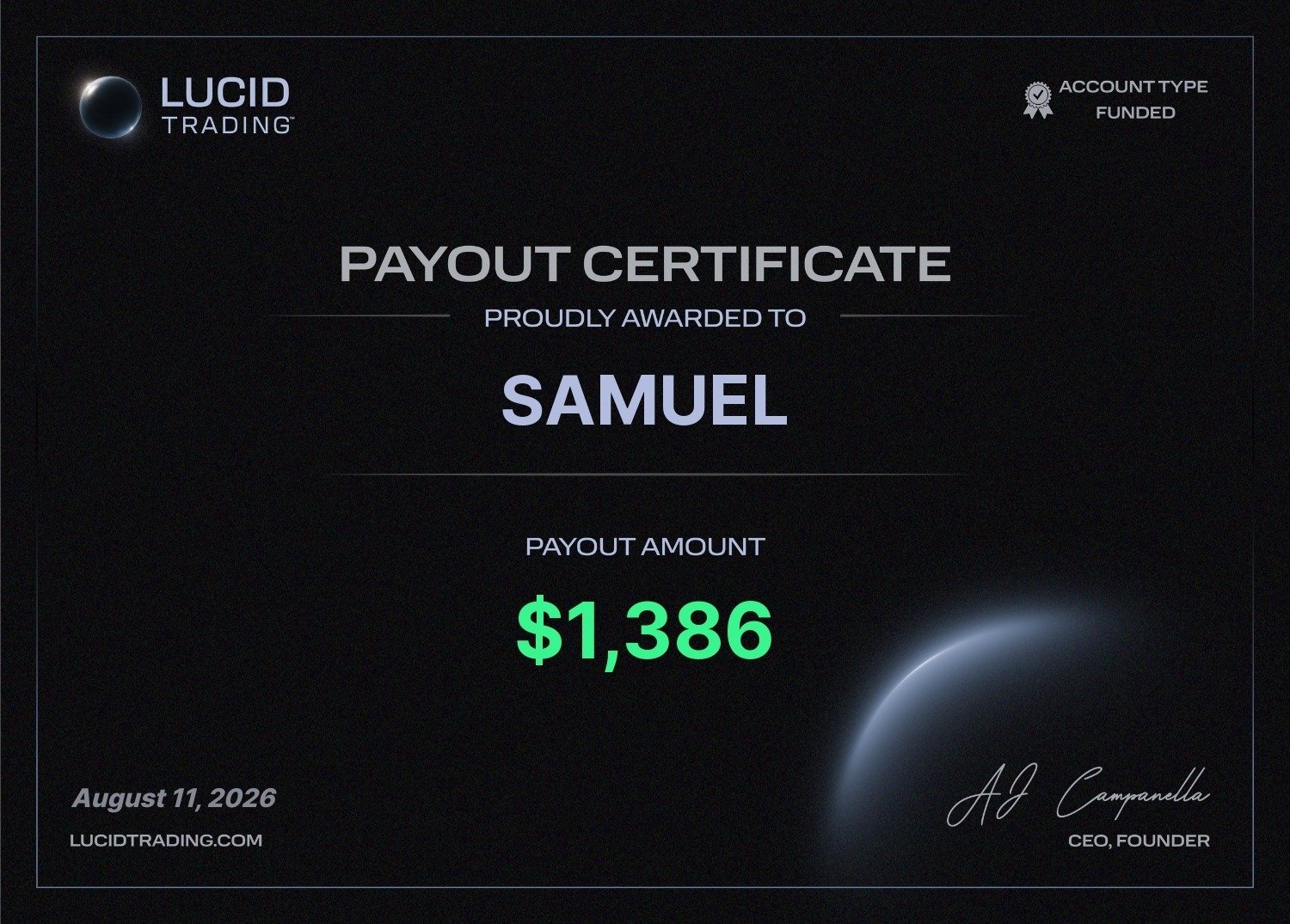 Certificado de payout de Samuel, Lucid Trading, 1386 dólares